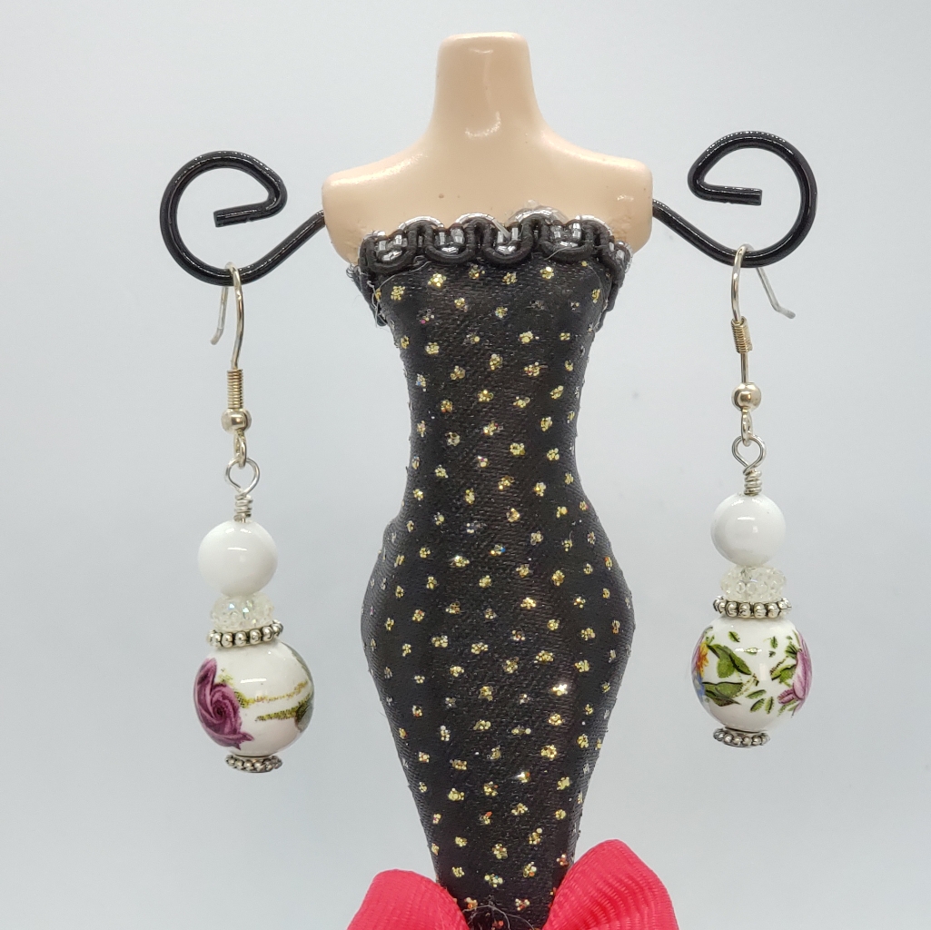 Pink And White Porcelain Floral Earrings